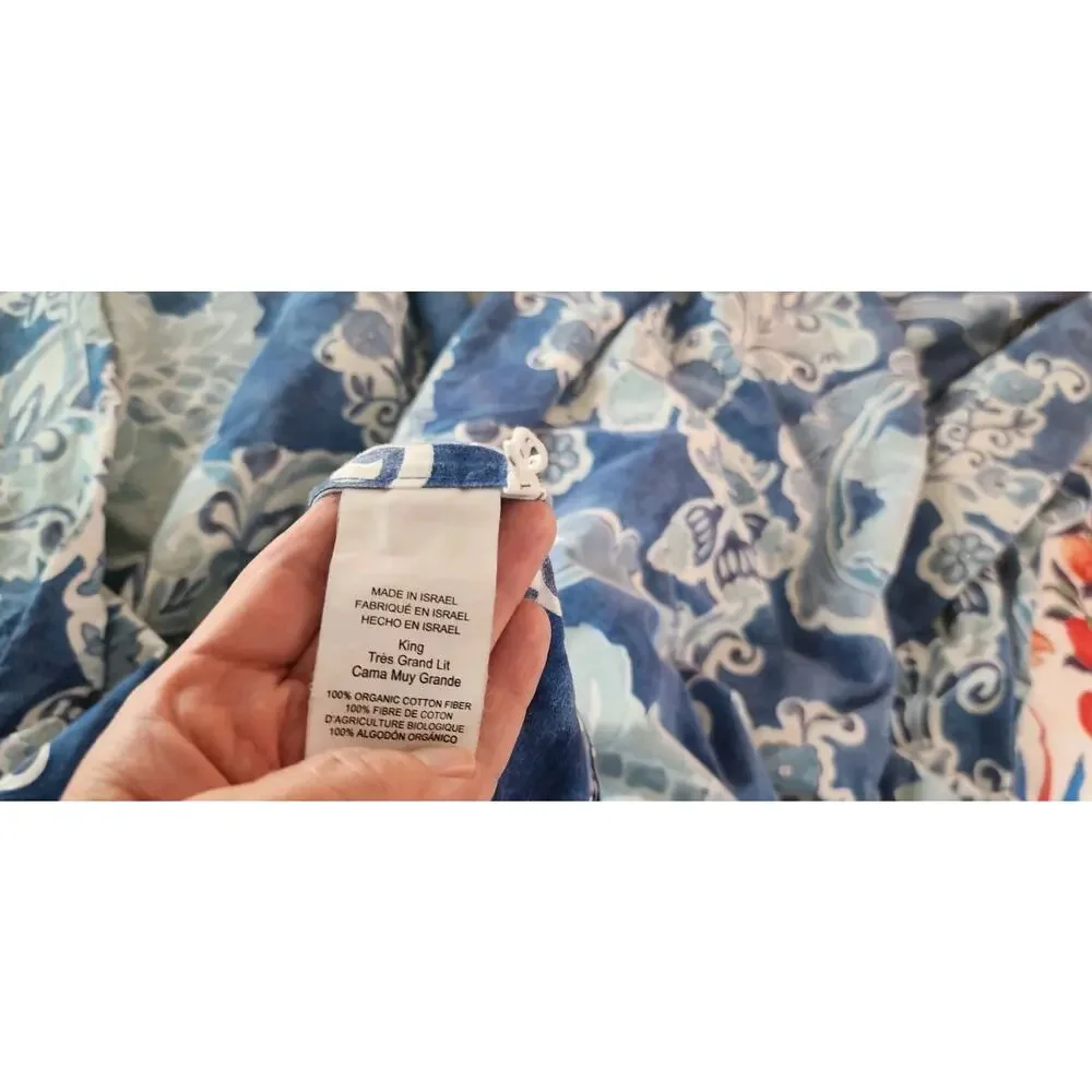 Pottery Barn Organic Cotton Blue Floral King Duvet Cover Euro Sham Set